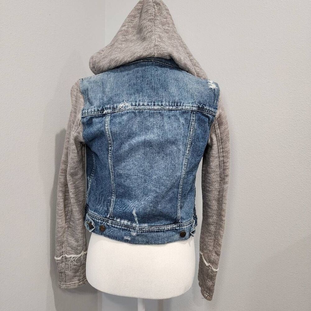 Free People Blue Denim Jean Jacket with Gray Knit Hoodie Sleeves - Picture 2 of 9